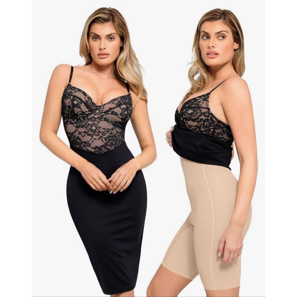 Popilush Built-In Shapewear Corset Style Lace Midi Dress V-neck -XL